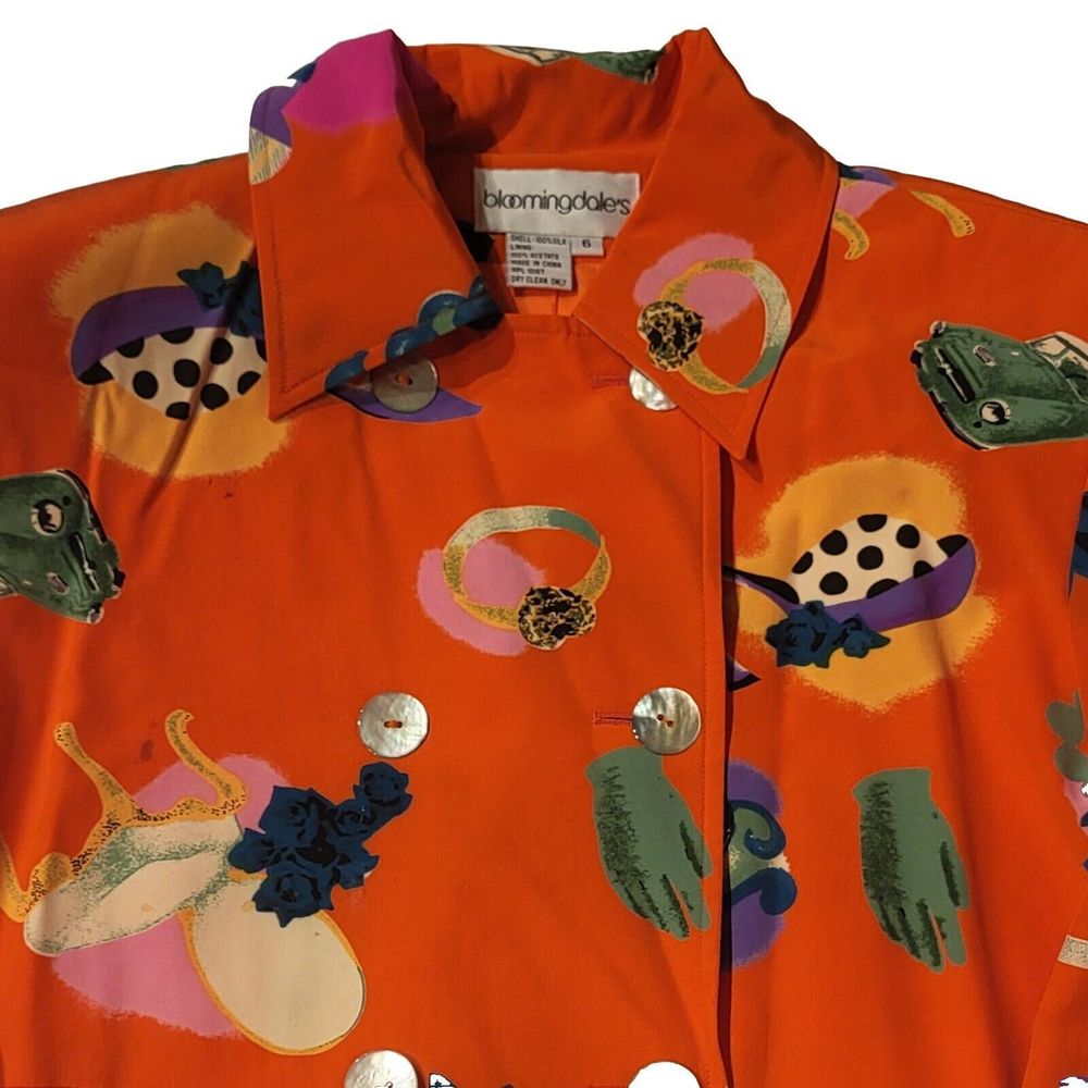 Vintage 80s Womens Bloomingdales Pop Art Colorful Blazer Silk Jacket Sz 6 Silk